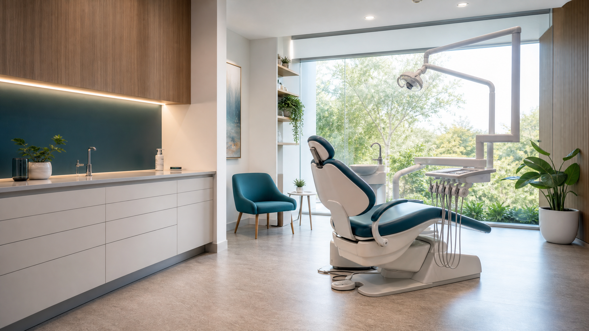 Bright, modern dental treatment room with warm wood cabinetry and natural light