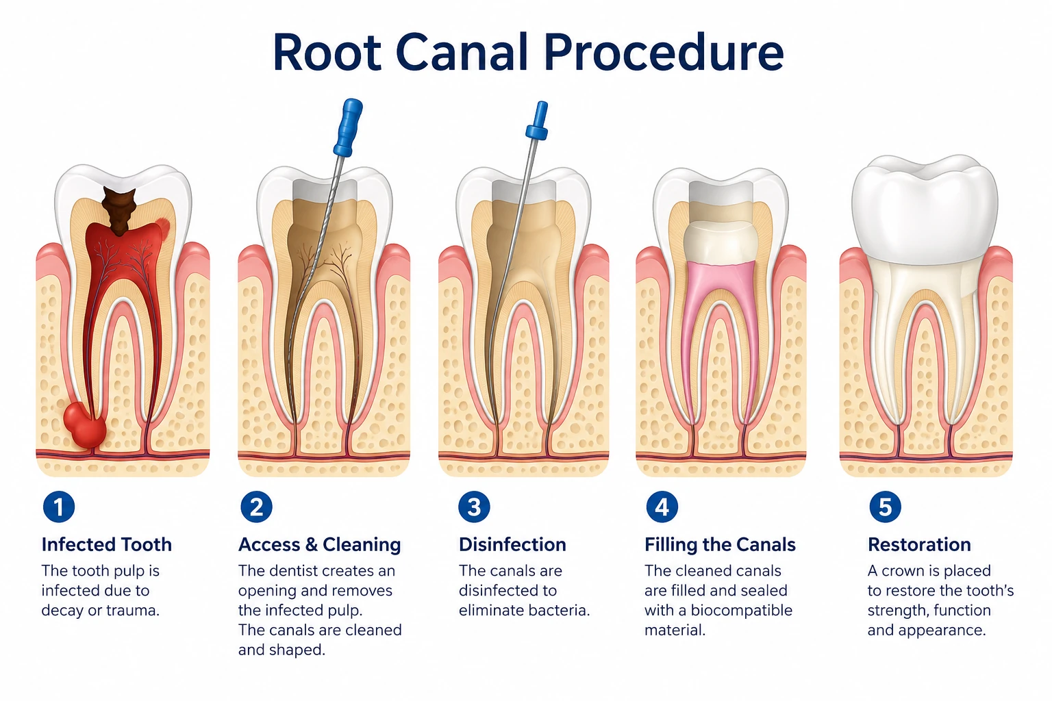 Root canal procedure infographic showing infected tooth, cleaning, disinfection, filling, and restoration